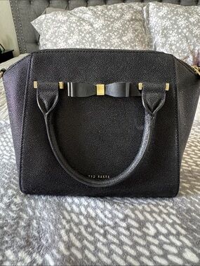 Ted Baker Black Pebbled Leather Satchel Purse with Bow and Gold Hardware